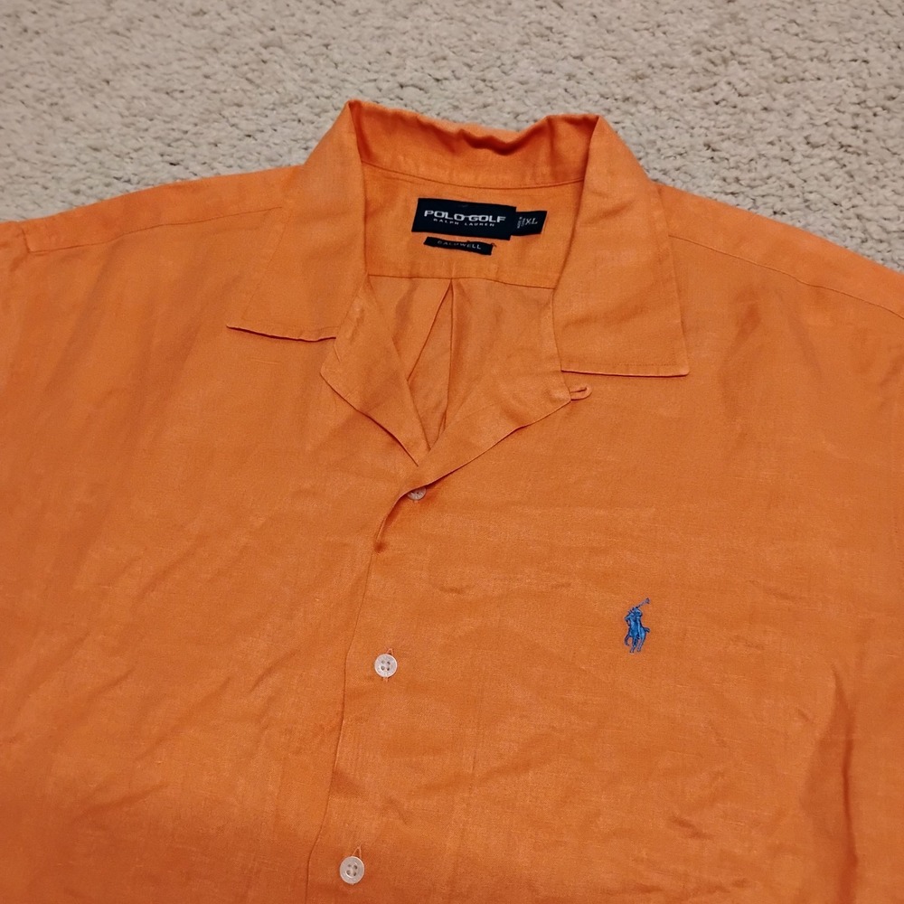 VTG Polo Ralph Lauren Caldwell Shirt Mens XL (27x31) Loop Collar Silk Linen Pony